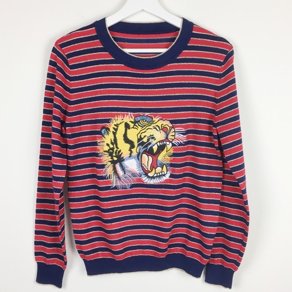 Sweaters - Navy Red Gold Striped Embroidered Tiger Sweater